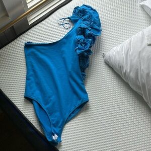 Zara blue ruffle one shoulder bodysuit